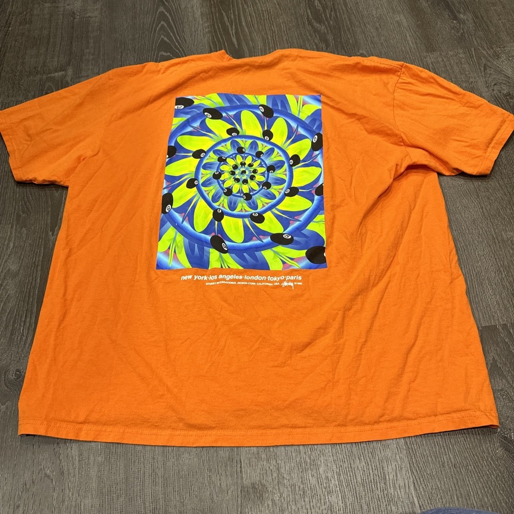 Stussy Orange 8 Ball Streetwear Shirt Men's XXL Spellout Rabbit Hole Graphic